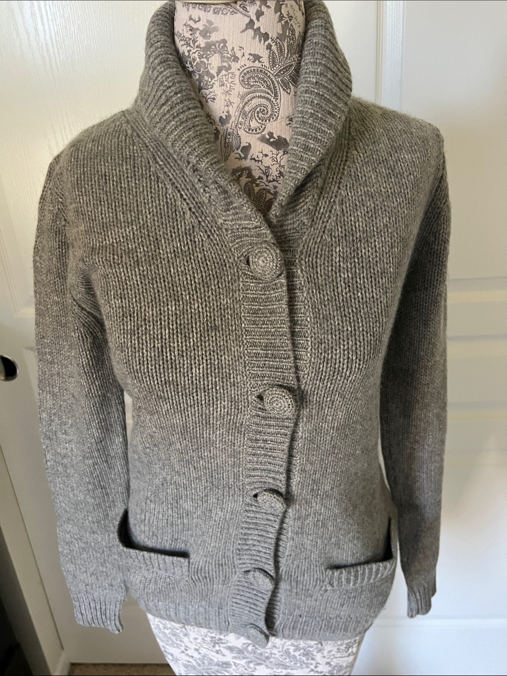 Agnes B. Gray Shawl Collar Button-Up Cardigan